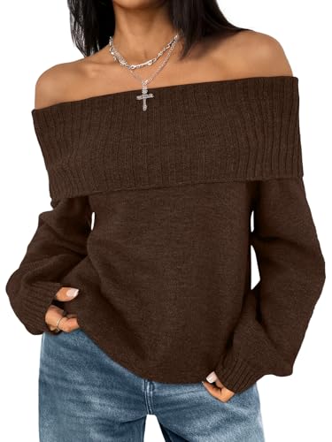 LILLUSORY Off The Shoulder Sweaters Womens Fall Pullover Tops Coffee XL