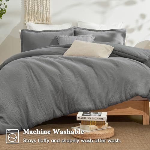 Image of David's Home Cotton Muslin Comforter Set Queen Size, 100% Cotton Cover Ultra-Soft Breathable Lightweight Skin-Friendly for Spring Summer, 3PCS Linen Like Gauze Bedding Set with Polyester Filling, Grey