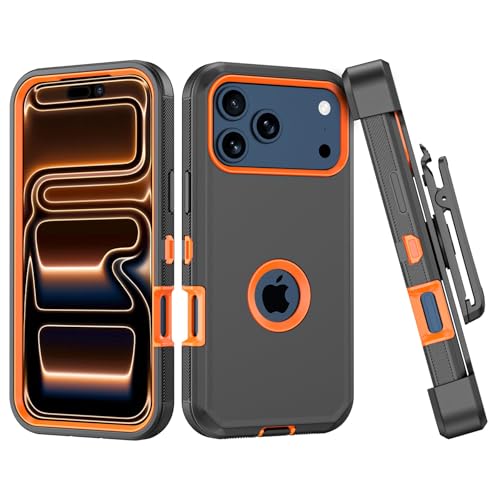 TMIDVFV Compatible with iPhone 17 Pro Max Case with Belt Clip Holster Heavy Duty Rugged Shockproof Full Body Protection Kickstand Cover for iPhone 17 Pro Max Phone (Black+Orange)