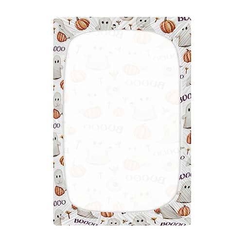 Image of Ghosts Pumpkins Halloween Crib Sheets Soft Breathable Fitted Baby Playard Sheets Mattress Cover for Girl Boys, 39 inch x 27 inch x 5 inch