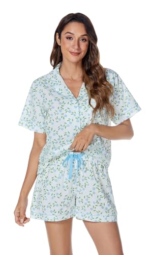 Image of LUBOT 100% Cotton Women's Pajamas Set Button-Down Two-piece PJ Set Short Sleeve Printed Patterned Summer Sleepwear Loungewear (Blue Blooms, XL)