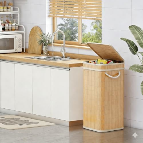 GENNISSY 72L Müllsackständer Sack Mülleimer aus Bambus inkl. waschbare Innentasche – Mülleimer Sack Ständer stabil doppelt verstärkt mit Deckel