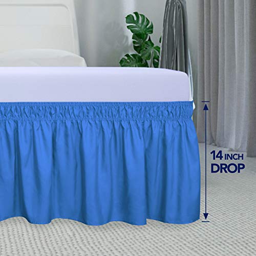 PureFit Wrap Around Ruffled Bed Skirt with Adjustable Elastic Belt - 14 Inch Drop Easy to Put On, Wrinkle Free Bedskirt Dust Ruffles, Bed Frame Cover for Queen, King and C-King Size Beds, Blue