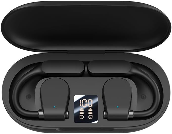 Open Ear Earbuds with Earhooks Bluetooth 5.3 Air Conduction Headphones Wireless Sport Earphones Built-in Mic Ear Buds With Charging Case IPX5 Waterproof for Running Workout Cycling Driving,Black