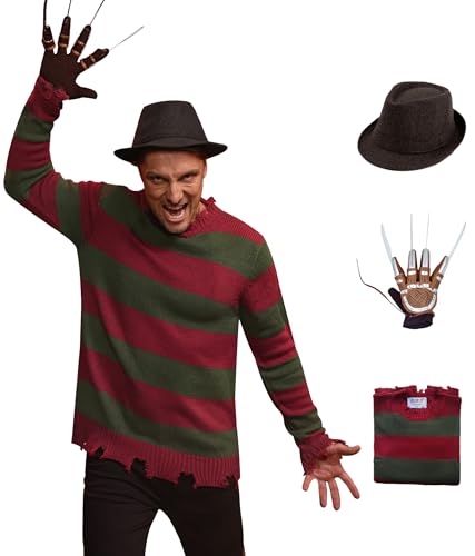 Arvilhill 3 Pcs Men's Halloween Scary Costume Full Set Funny Party Claws St Sweater Cosplay Hat Fre