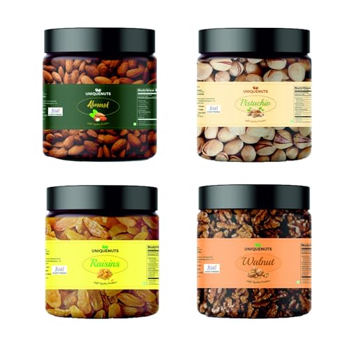 Image of UNIQUE NUTS Dry Fruits Combo Pack of Almond Pistachio Raisins Walnut|Pista Badam Raisins Akhrot (Pack Of 4) | Healthy Dry Fruits Snacks | (150GMX4) 600GM
