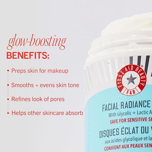 First Aid Beauty - Facial Radiance Pads with Glycolic & Lactic Acids, Daily Exfoliating Pads with AHA, Visibly Smaller Pores, Help Tone & Brighten Skin, One-Step Makeup Prep, Compostable, 28