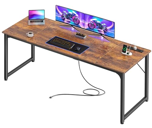 PRAISUN 70 X 24 Inch Office Computer Desk with Power Outlets and USB-C Port Larger and Longer Gaming Desk for Home Office Study Writing Work from Home Table Metal Frame Rustic Brown
