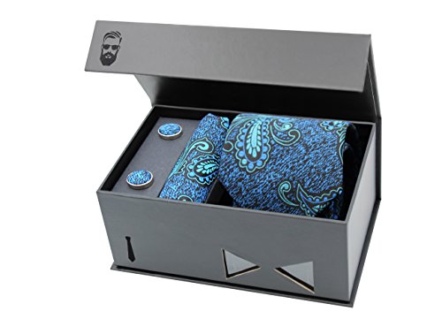 Preisvergleich Produktbild Schlipster Krawatten-Set - Premium Box mit Krawatte, Einstecktuch und Manschettenknöpfen (Blau Paisley)
