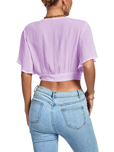 Image of LYANER Women's Sexy Deep V Neck Tie Front Wrap Cropped Blouse Bell Short Sleeve Ruffle Crop Tops