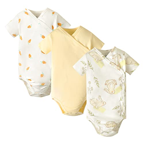 Image of DEFAHN Baby Side Snap Bodysuit Kimono Onsies Newborn Boy Girl 3-Pack 100% Cotton Basic Pattern Kimono Bodysuits