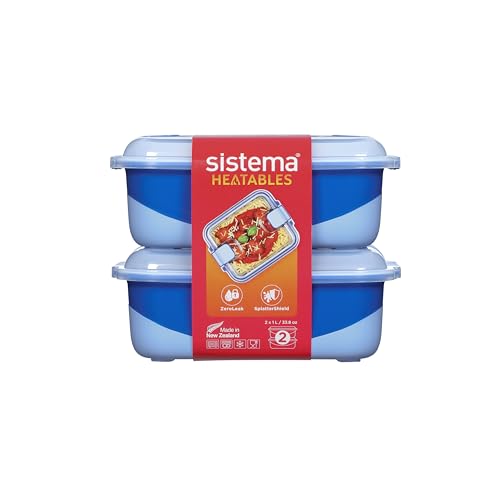Sistema Heatables Microwave Food Containers | 1L | Leakproof Meal Prep Containers with Lids | 2 Count | Lazuli Blue Rectangles