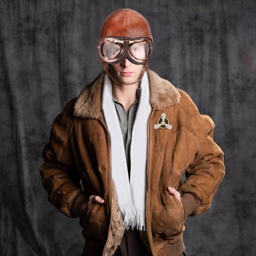 Kyson Aviator Costume 4Pcs 1920s Vintage Aviator Hat With Goggles White Scarf Brooch for Halloween Aviation Pilot Theme Party (Set A)