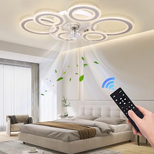 76cm Smart Ceiling Fans with Lights and Remote, Modern Low Profile 6 Reversible Speeds Bedroom Ceiling Fan with Lighting, LED Quiet Dimmable Ceiling Fan for Home Office Dining Room