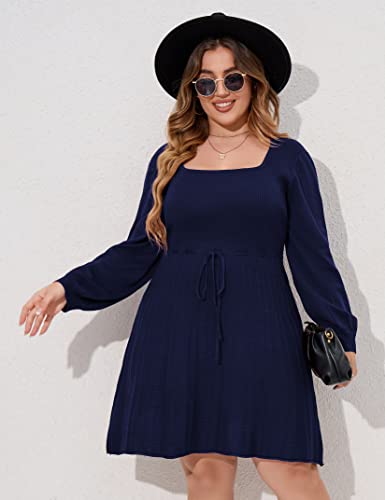 Image of Women's Plus Size Casual Sweater Dress Square Neck Long Lantern Sleeve Tie Waist Loose Pullover Sweater Dresses