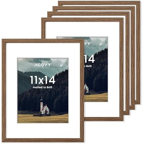 Acovy 11x14 Picture Frames Set of 5, 11 x 14 Photo Frame with Mat for 8x10 or 11"x14" without Mat, 11x14 Picture Frame with HD Plexiglass, 11 by 14 Picture Frame for Wall or Tabletop Display, Walnut Cover