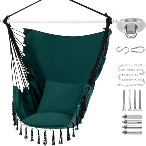 Hammock Chair Hanging Rope Swing Chair with 2 Seat Cushions & Installation Kit, Max 330 Lbs,Hammock Swing Hanging Chair for Bedroom Outside shanging Yard Patio Camping Garden (Green)