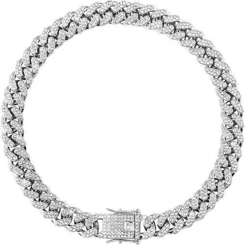Image of Silver Dog Chain Collars for Large Dogs with Diamond，Bling Metal Cuban Link Dog Collars,Rhinestone Dog Necklace for Small Medium Large Pet Dogs Cats，20 Inch