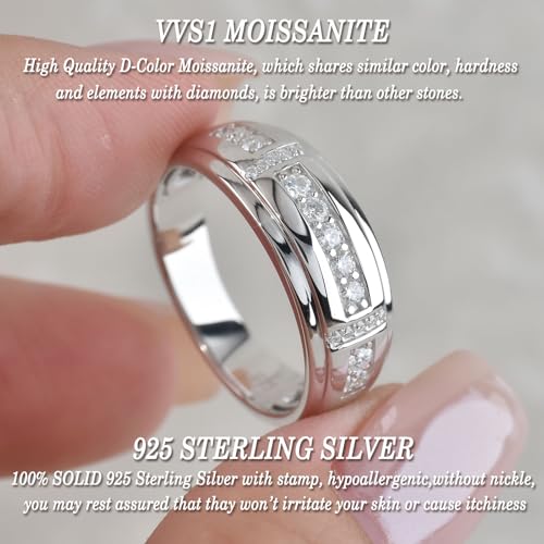 Moissanite Mens Wedding Band D Color VVS1 925 Sterling Silver Ring Promise Rings For Him Round Cut Engagement Eternity Size 7-132