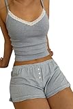 Seyurigaoka Women Y2k 2 Piece Lace Shorts Set Sleeveless V Neck Cami Top with Shorts Pajamas Sets Sleepwear(lace trim striped blue,Small)