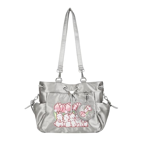 Bolso hobo para mujer de raso con bordado de conejo, bolso tote y bandolera casual miniatura 1