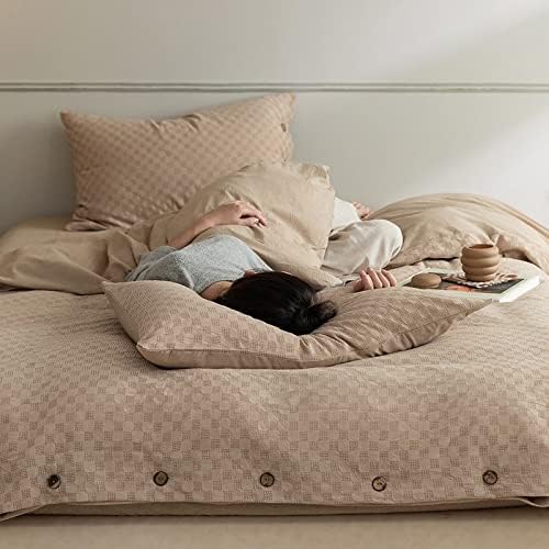 Miniatura 2 de Juego de ropa de cama de algodón lavado, funda de edredón doble, con botones, tejido de gofre, suave, 4 piezas, sábana bajera ajustable