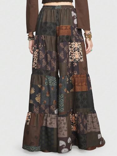 Image of GRECIILOOKS Boho Printed Wide Leg Palazzo Pants for Women, Flowing High Waist Rayon Trousers for Beach, Vacation, Lounge, and Summer Style