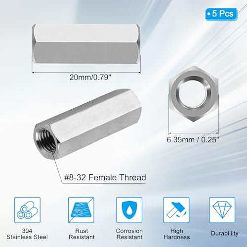 PATIKIL 8#-32 UNC 304 Stainless Steel Hex Coupling Nuts, 5 Pcs 20mm / 0.79" Length Fully Threaded Rod Coupling Nut Studding Connector Fasteners, Silver Tone