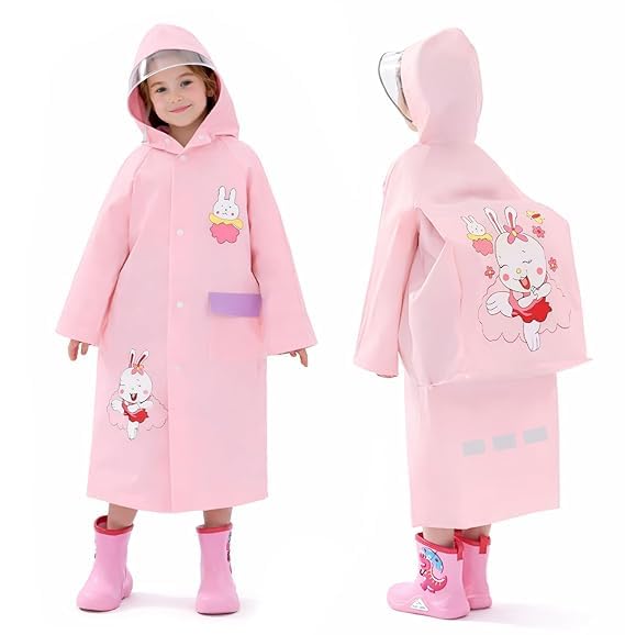 Kids Waterproof Raincoat with School Bag Cover & Transparent Visor Hood | Reflective Safety Strips | Cute Cartoon Print | Full Length Rain Wear for Boys & Girls (Multicolor & Multisize)-image-30
