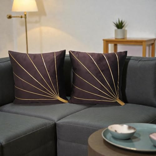 Image of Home Velvet Cushion Cover with Golden Stripes, Aqua Pack of 5, 16x16 to 26x26 Inch (Brown, 22x22in)