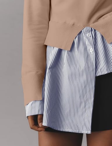 Image of Women Turtleneck Slit Patchwork Knit Pullover Sweater 2 in 1 Asymmetrical Hem Striped Button Down Shirt Tops