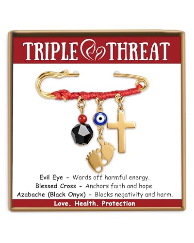Sereney Gold Plated Azabache For Baby Protection Brooch Pin, Evil Eye Jewelry with Cross Pendant as Baptism Gifts for Babies, Pregnancy Safety Pin with Red String as Pregnancy/New Mom/Baby Shower Gifts