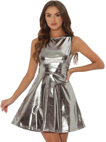 Image of Allegra K Women's Metallic Sleeveless High Waist Club Party Disco Holographic Dress