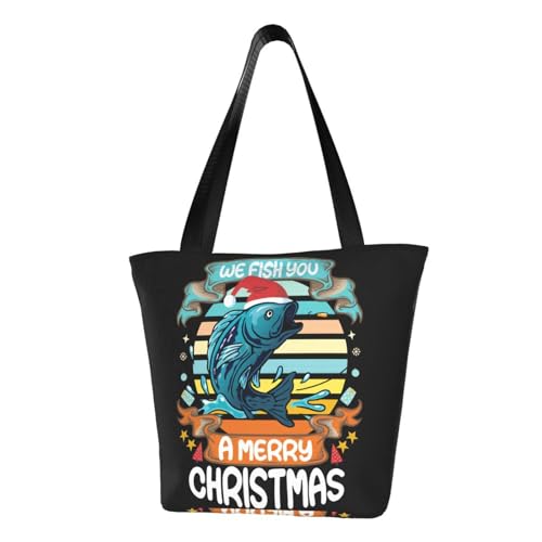 We Fish You A Merry Christmas Reusable Shopping Tote Bag, Lightweight Durable Shoulder Bag With Zipper Pocket - Fashionable Grocery Bag For Travel & Beach