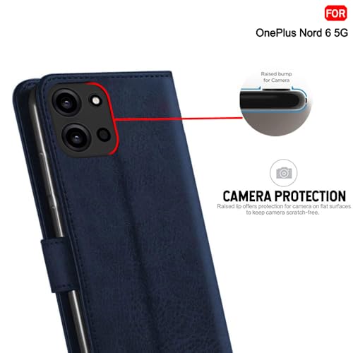 Image of TheGiftKart Genuine Leather Finish Flip Back Cover Case for OnePlus Nord 6 5G / CE 6 5G | Inbuilt Pockets & Stand | Wallet Style | Designer Button Magnet Flip Back Cover Case (Faux Leather, Blue)