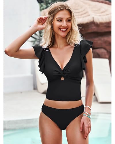 GRAPENT Tankini Tops for Women Swimwear Top Only Ruffle Bathing Suit Cut Out Long Bikini Tops Swimsuit Beach Resort Wear3
