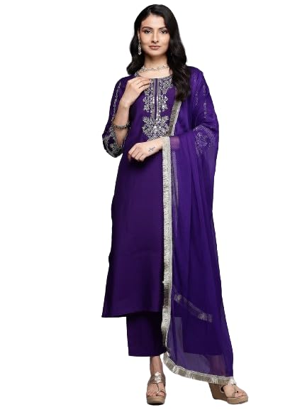Varanga Women's Silk Navy Blue Zari Embroidered Kurta Set With Dupatta