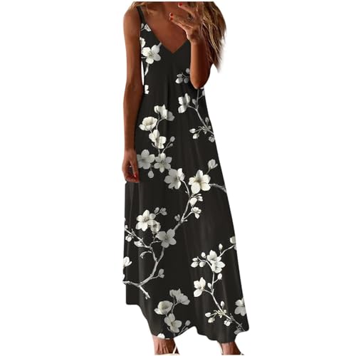 Akklian Womens Fashion Women Summer Maxi Dress Casual V-Neck Sleeveless Bohemian Spaghetti Strap Floral Print Beach Dress Flowy Long Dresses
