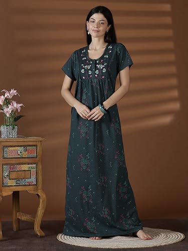 Image of 9shines Label Stylish Cotton Blend Embroidered Maxi Nightdress for Women with Pocket| Full Length Nightwear| Premium Nightdress| Comfortable Nightwear(5256)