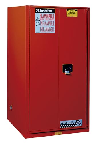 Image of Justrite 96 Gallon Self Close Paint and Ink Safety Cabinet, 18 Gauge Steel, 5 Shelves, 34 inch x 65 inch x 34 inch, 2 Door Combustibles Cabinet, Made in The USA, Red, 896031