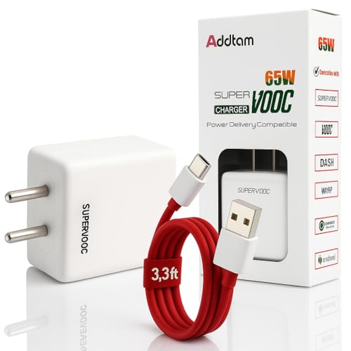 Image of Addtam 65W Supervooc Charging Charger with 1M Type C Cable Support Dash /Superdart /Wrap /Vooc Compatible with Oneplus 15 /13s /13 /13R /12 /12R /11 /11R /Nord 5 /Ce5 /Realme /iQOO /Vivo Fast Charge Adapter 65Watt