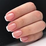 Qsnidy Classic White French Tip Press on Nails Short Square Acrylic Fake Nails, Nude Pink False Nail