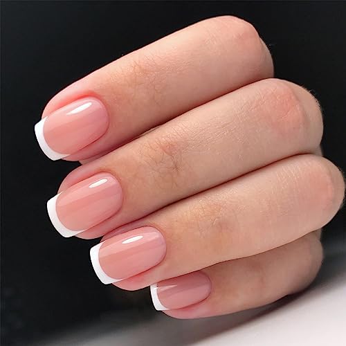 Qsnidy Classic White French Tip Press On Nails Short Square Acrylic Fake Nails, Nude Pink False Nails For Women And Girls, Fit Perfectly & Natural Reusable Stick On Nails In 12 Sizes -24 Nails Kit #TOP23