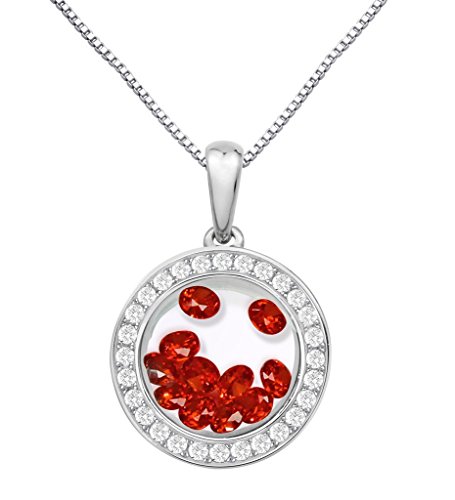 PARIKHS Round Pendant Floating Red Cubic Zirconia Inside -CZ Border - Sterling Silver