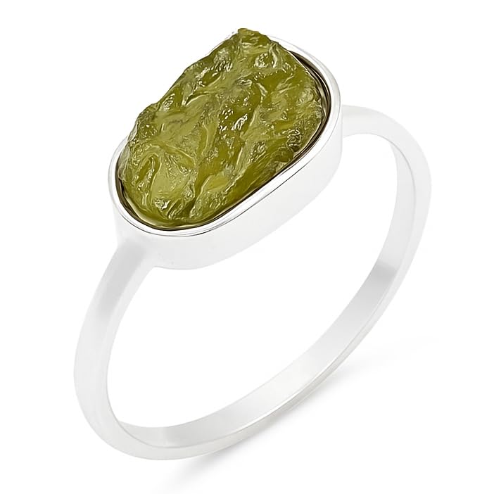 Natural Moldavite Rough Ring for Women – Authentic Czech Raw Crystal – 925 Sterling Silver Handmade Jewelry – Boho Engagement Ring – Healing Gemstone Statement Ring Gift for Her