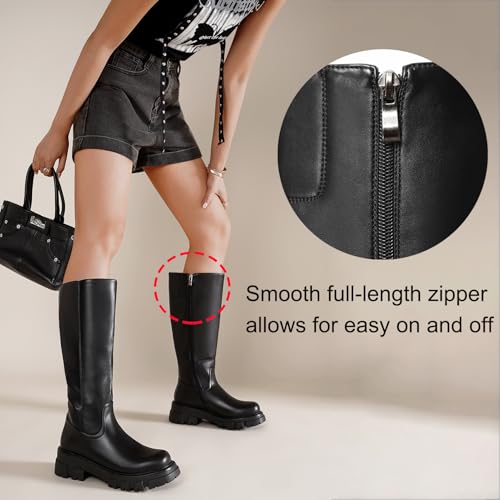 CouieCuies Women's Knee High Boots Black Tall Boot Lug Sole Shoes Below the Knee Comfortable Chunky Platform Dressy Boots Zipper3