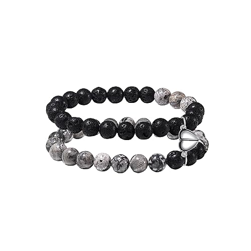 2Pcs Matte Lava Rock Volcanic Stone Beads Stretch Bracelet Stacking Essential Oil Diffuser Tiger Eye Seed Energy Yoga Bracelet for Men Women Couple Stress Relief Healing Aromatherapy Jewelry (G gray2)