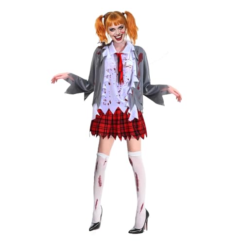 Costume Studentessa Zombie, Spaventoso Costume Da Zombie, Zombies Costume Accessori Sanguina Camicia, Gonna Corta, Cravatta, Calzini, Costume Halloween Horror per Donna Bambino, Halloween, Carnevale