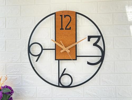 Image of Arabs Morden Metal & Wooden Wall Clock for Living Room Bedroom Office Kitchen Stylish Wall Clock for Home and Hall Designer Big Size Modern (Big Font W, 50 CM)