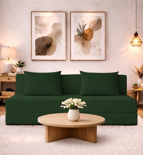 Image of Adorn India Easy 4 Seater Sofa Cum Bed | Velvet Fabric | Dark Green | Plain Design | 6x6 Ft | Comfortable Seating | Washable Cover | Perfect for Home & Office